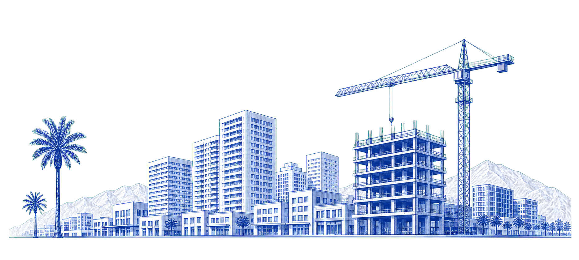 Blue architectural illustration of a Southern California construction site with buildings, palm trees, mountains, and a tower crane