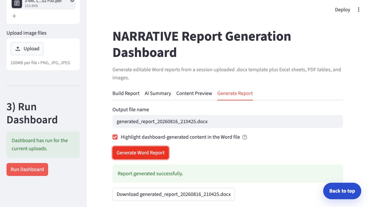 Dashboard view confirming a generated Word report is ready for download.