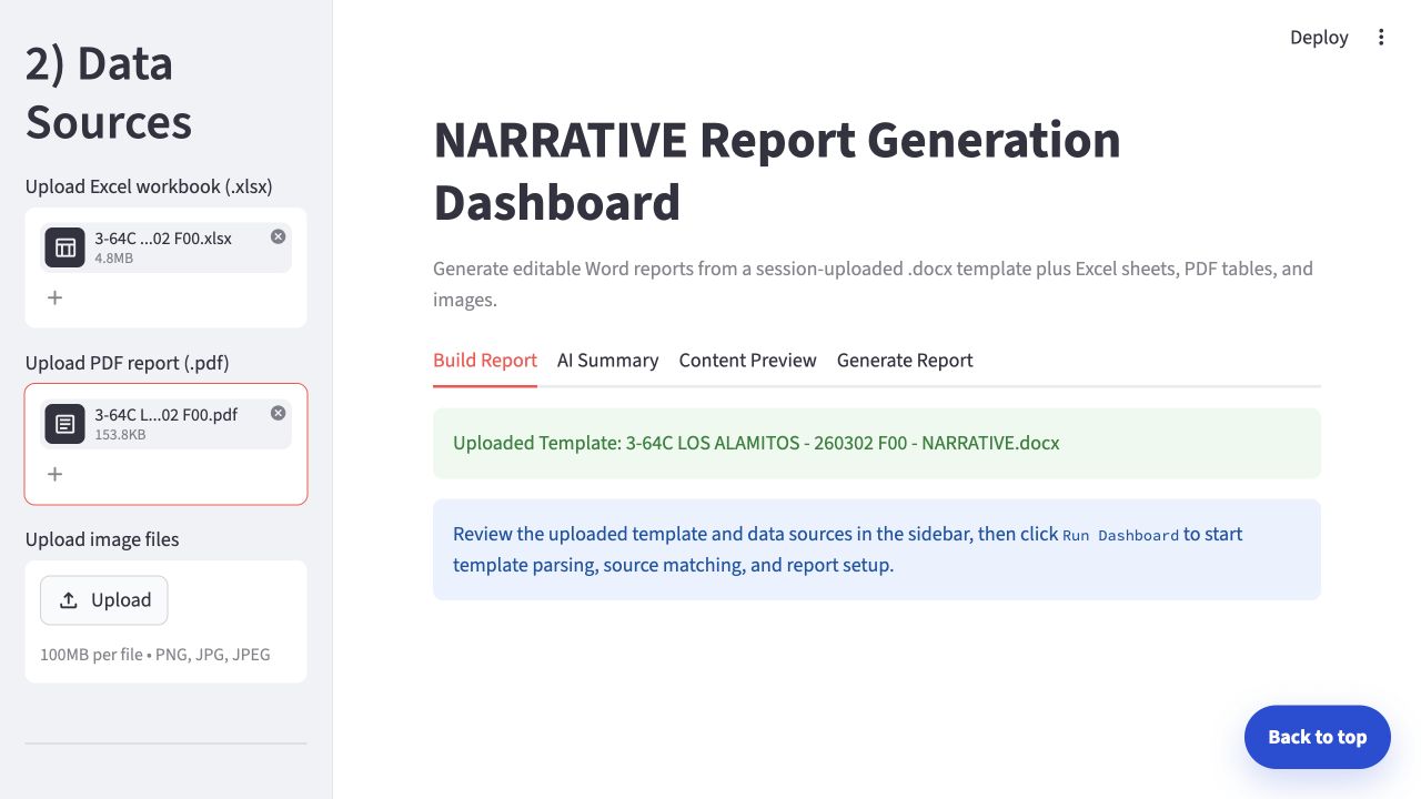 Narrative Report dashboard with a Word template, Excel workbook, and PDF report staged as sources.